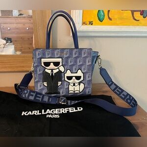 Cute Karl Lagerfeld blue cat bag with cartoon of Karl and his cat - almost new!